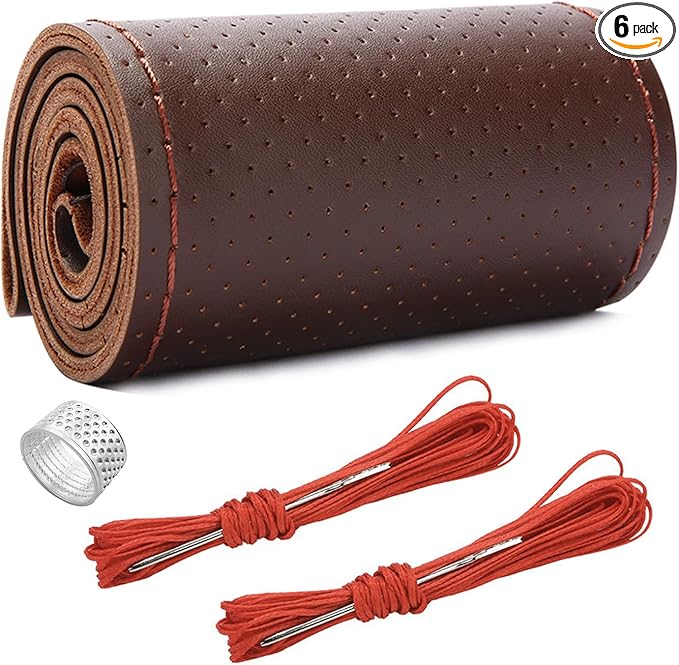 Ziciner Genuine Leather Steering Wheel Cover, Stitch on Wrap, Breathable Anti-Slip Car Steering Wheel Protector for Max Diameter 15 Inch, DIY Sewing with Needles Thread (Coffee, Hole)