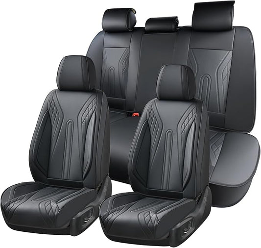 Huidasource Car Seat Covers Full Set, Universal Fit for Most Cars SUV Trucks, Full Coverage Nappa Leather Seat Cover, Airbag, Cupholder Compatible, Velcro Adjustable, Seat Function Retain, Black