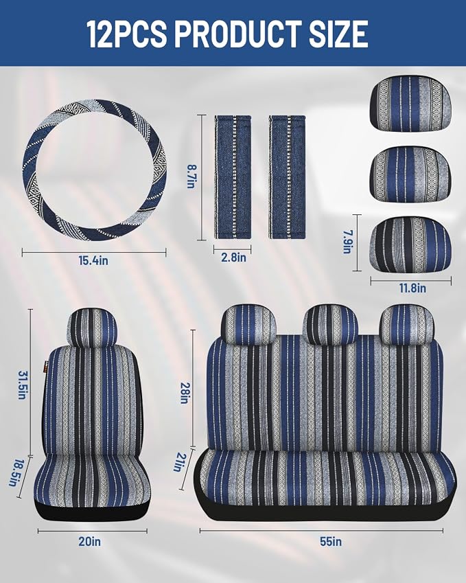 Baja Saddle Blanket Car Seat Covers Full Set with Seat Belt Pads and Steering Wheel Cover, Washable Breathable Striped Woven Cloth Seat Covers for Cars, SUV, Truck(Blue,Large)