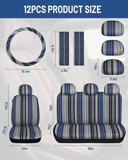 Baja Saddle Blanket Car Seat Covers Full Set with Seat Belt Pads and Steering Wheel Cover, Washable Breathable Striped Woven Cloth Seat Covers for Cars, SUV, Truck(Blue,Large)