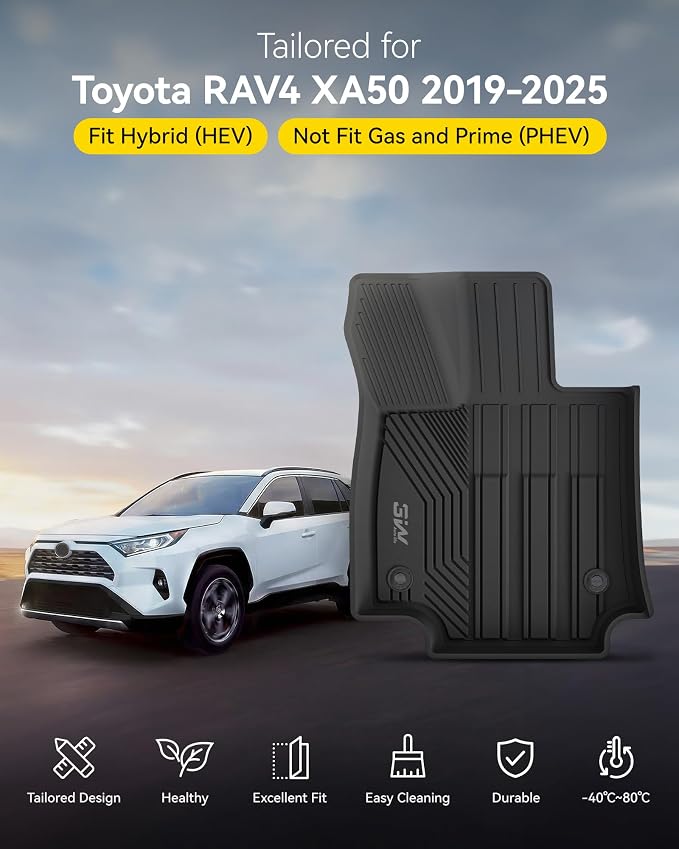 3W Floor Mats & Trunk Mat for Toyota RAV4 Hybrid/Prime/PHEV 2019-2025, TPE All Weather Custom Fit Floor Liner