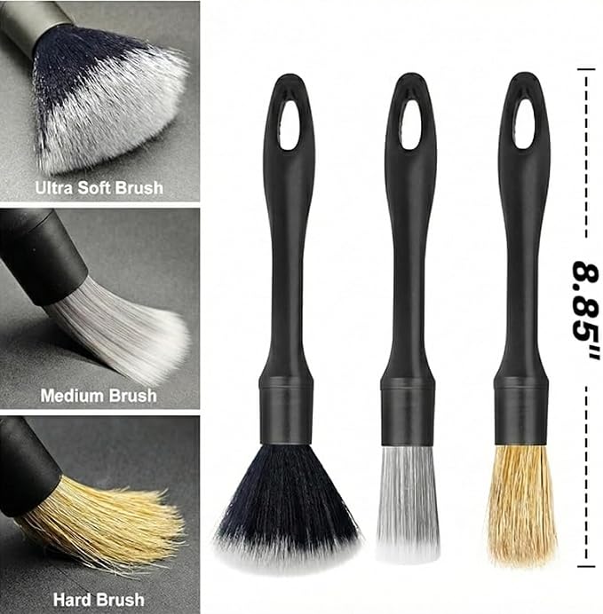 Premium Car Detailing Brush Set - Professional 3 Pack Kit Detail Brushes with Soft Boars Hair Bristles for Auto Interior & Exterior - for Cleaning Leather Seats, Air Vents, Wheels & Emblems