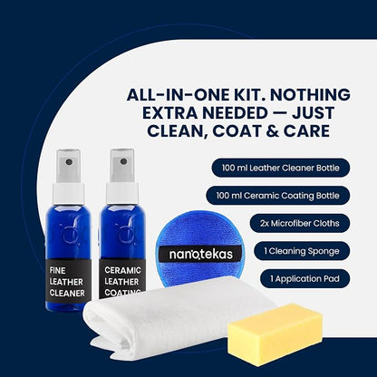 Leather Cleaner & Ceramic Coating Spray Kit: Long-Lasting Leather Protector for Tesla Vegan Leather, Car Seats, Furniture and Shoes – Universal Nano Ceramic Shield to Repel Dirt and Liquids