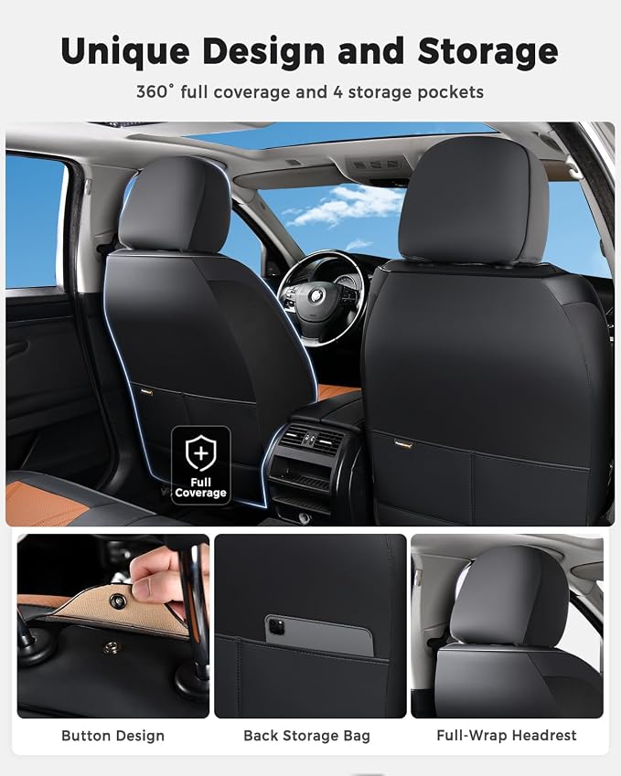 Huidasource Car Seat Covers Full Set, Universal Fit for Most Cars SUV Trucks, Full Coverage Nappa Leather Seat Cover, Airbag, Cupholder Compatible, Velcro Adjustable,Seat Function Retain, Black&Brown