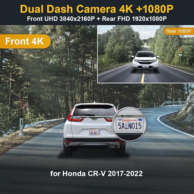 Fitcamx Front 4K+Rear 1080P Dash Cam Adapts for Honda CR-V 2017-2022 LX EX Touring EX-L (Gen5), OEM Look, Dual HD Video, Built-in WiFi & APP, Loop Recording, G-Sensor, Easy to Use, 128GB Card