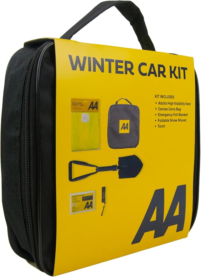 AA Winter Car Kit AA3386 - Folding Snow Shovel, LED/COB Torch, Foil Blanket, Hi-Vis Vest - Zipped Storage Bag – Suitable for Any Vehicle or Home, Black