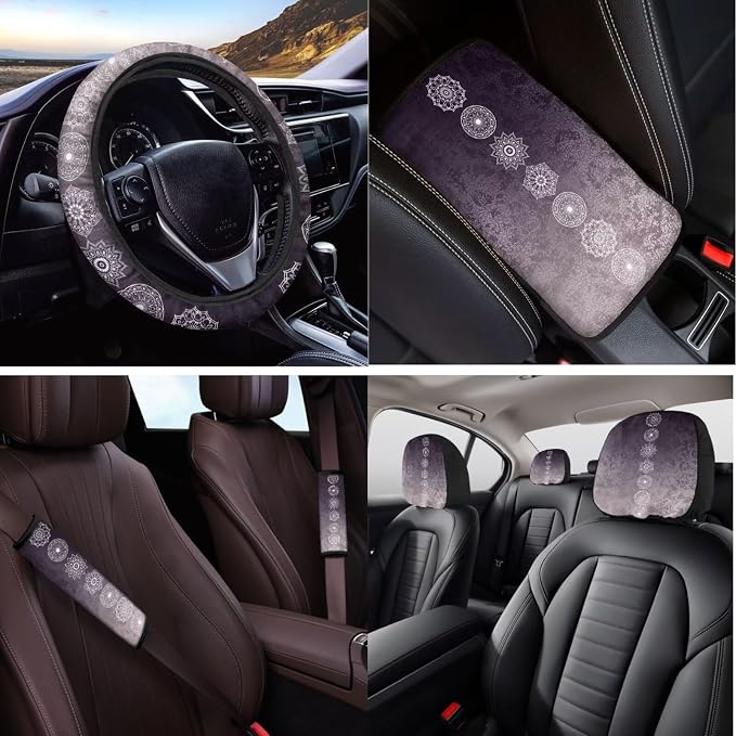14 Pcs Art Mandala Car Seat Covers Full Set Car Steering Wheel Cover,Seat Belt Covers Cup Holder with Keychain,Novelty Design Gradient Color Automotive Protector Set Universal Fit,Purple