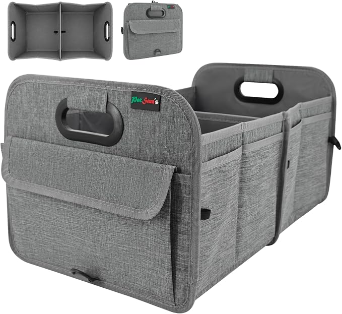 PAT SAM'S Trunk Organizer for SUV, Collapsible Car Trunk Organizer with Dividers, Waterproof 600D Oxford, Non-Slip Storage Organizer for Groceries, Tools, Travel, Truck & Car (Grey)
