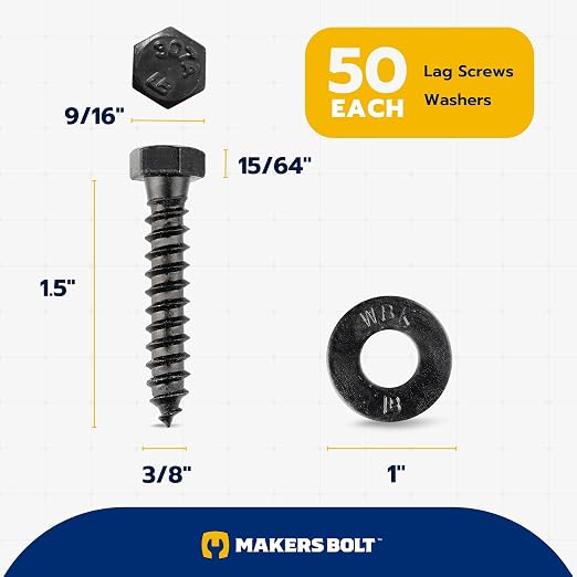 3/8 x 1-1/2 (50 Pack) Lag Screw Kit, 50 Screws and 50 Washers, Ceramic Black Ruspert Coating for Exterior Use, Meets ASTM A307 and ASME B18.2.1, Industrial/Commerical Grade by Makers Bolt