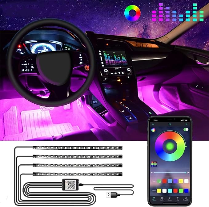 Car Led Interior Lights, RGB 72 LED Multicolor Auto Strip Light with Sound Active Function and APP Control, Under Dash Smart Lighting Kit with Charger, Car Accessories (Cigarette Lighter)