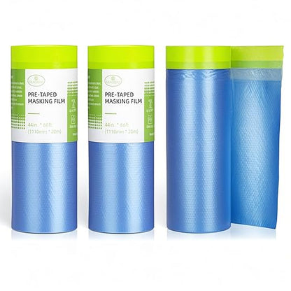 Tangibay Pre-Taped Masking Film for Painting - 44" x 66' Painters Plastic Sheeting with Automotive Paint Tape and Drape for Covering Cars, Walls, Windows and Furniture Protection (3 Rolls)
