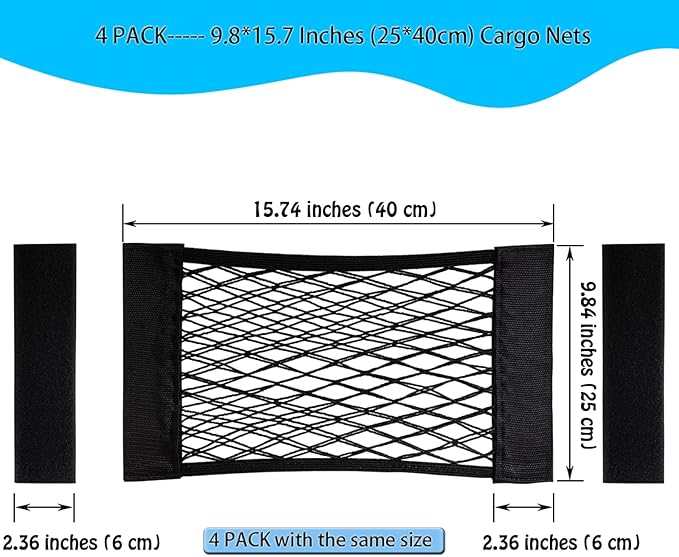 4Pack Automotive Cargo Net Car Storage Wall Sticker Organizer Pouch Bag Elastic Mesh Pocket with Tape Stickers for Trunk Organizer Holder for Cabinet Organize 4PCS (Same Size)
