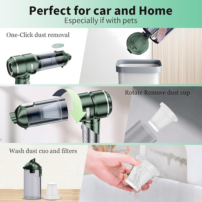 Car Vacuum Portable Cordless 22000PA High Power Handheld Mini Vacuum Cleaner Rechargeable Foldable with Brushless Motor Air Blower Duster Pump for Car Home Office Pet (Green)
