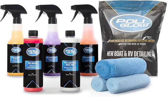 Poli Glow® 16 oz Vehicle Detailing Kit – All-in-One Cleaner & Protectant Set for Cars, Boats & RVs – Includes Interior, Exterior, Leather & Ceramic Detailers + Microfiber Towels – 7-Piece Kit