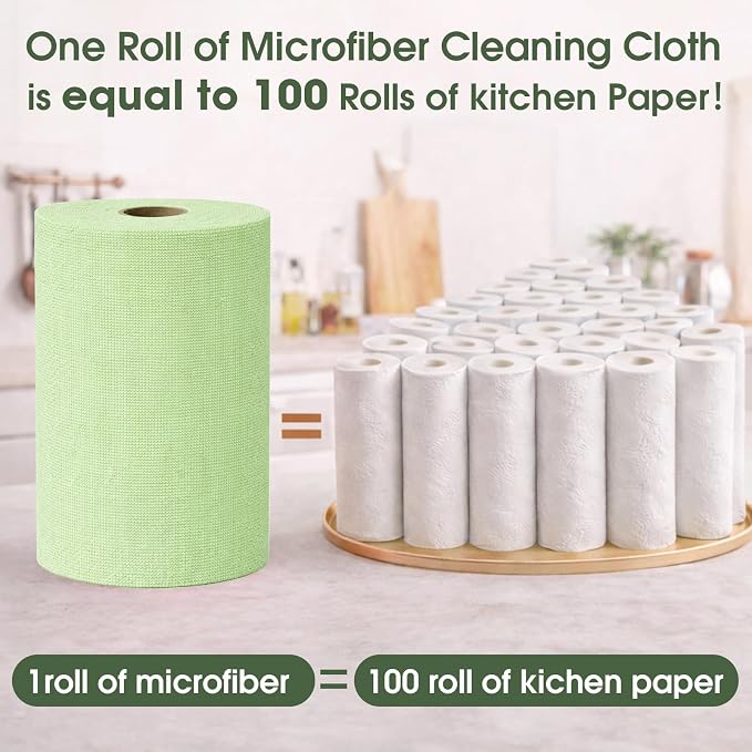 Microfiber Cleaning Cloth Roll - 100 Pack Tear Away Microfiber Paper Towels, Reusable, Washable, Scratch-Free, Kitchen Towels for Car, Home, Kitchen, Glass, Dishes(Bean Green)