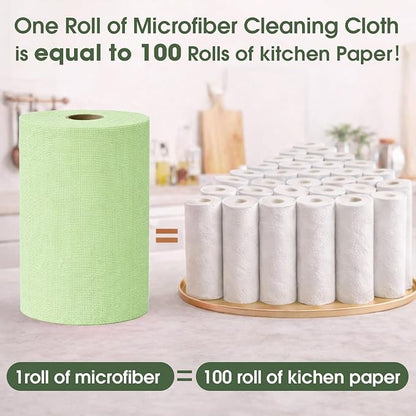 Microfiber Cleaning Cloth Roll - 100 Pack Tear Away Microfiber Paper Towels, Reusable, Washable, Scratch-Free, Kitchen Towels for Car, Home, Kitchen, Glass, Dishes(Bean Green)