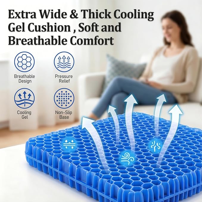 Gel Seat Cushion for Long Sitting – Double-Layer Honeycomb Cooling Chair Pad, Thick Supportive Gel Cushion with Breathable Non-Slip Cover for Office Chair, Car, Wheelchair & Long Sitting（Blue）