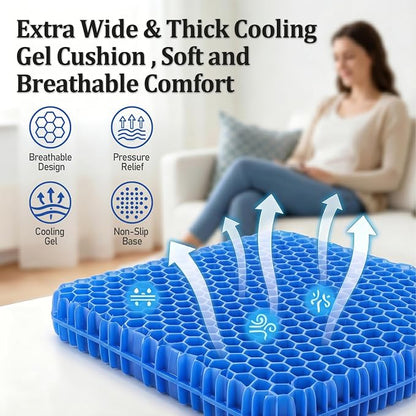 Gel Seat Cushion for Long Sitting – Double-Layer Honeycomb Cooling Chair Pad, Thick Supportive Gel Cushion with Breathable Non-Slip Cover for Office Chair, Car, Wheelchair & Long Sitting（Blue）