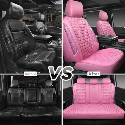 CAR PASS Bling Diamond Pink Leather Car Seat Covers Full Sets Interior Sets, Waterproof Shining Glitter Sparkly Crystal Universal Armrest Fit for Automotive Truck SUV Cute Women Girl, Pink Rhinestone