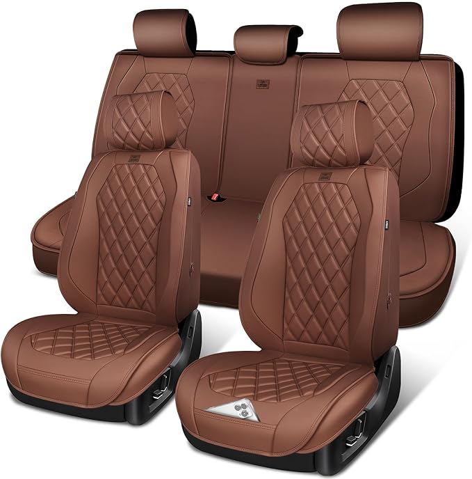 CAR PASS Luxury Nappa Leather Seat Covers Full Set, 3D Rhombus Waterproof Faux Leather Seat Covers, Universal Automotive Seat Cushion Fit for Most Sedan SUV Truck Van, Armrest Airbag Compatible Brown