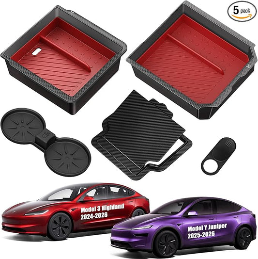 XINTUO Center Console Organizer Tray for Tesla Model Y Juniper 2025-2026 & Model 3 Highland 2024-2026 [Premium PC + Silent Silicone Liner] Cup Holder for Tesla Model Y Juniper Accessories
