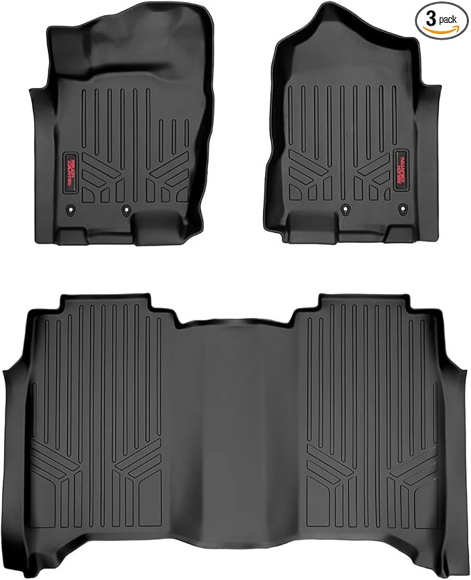Rough Country Floor Armor Front & Rear Floor Mats for Nissan Titan (2017–2024) & Titan XD (2016–2024) Crew Cab w/Front Bench Seats - All-Weather Protection, Spill Saver Lip