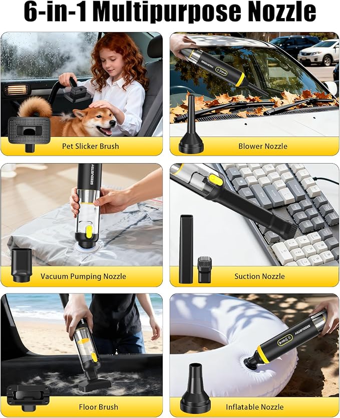 SEEDUSTRY Handheld Vacuum Cleaner Cordless, Mini Small Car Vacuum, Portable Pet Hair Vacuum, 3 Suction Modes-Up to 18000pa, 6 Blow & Suck & Deflate & Inflate Nozzles for Car, Pet, Office, Home