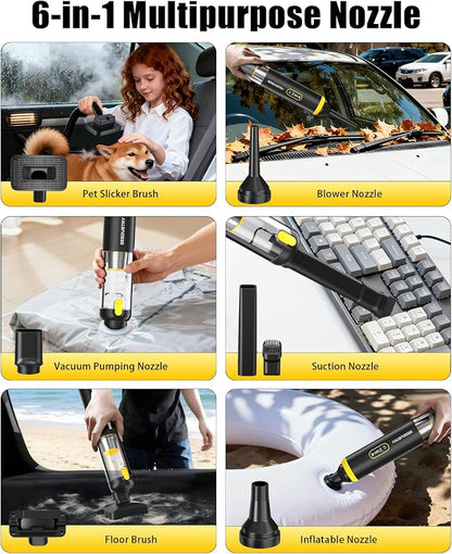 SEEDUSTRY Handheld Vacuum Cleaner Cordless, Mini Small Car Vacuum, Portable Pet Hair Vacuum, 3 Suction Modes-Up to 18000pa, 6 Blow & Suck & Deflate & Inflate Nozzles for Car, Pet, Office, Home