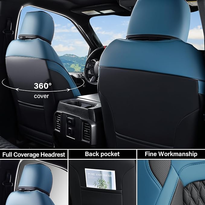 Coverado Dodge Ram 1500 Full Set Seat Covers, Waterproof Leather Car Seat Covers Fit for 2010-2023 2500 3500 Dodge RAMfor Trucks Ram Accessories Full Coverage, Front&Flat Rear/Blue