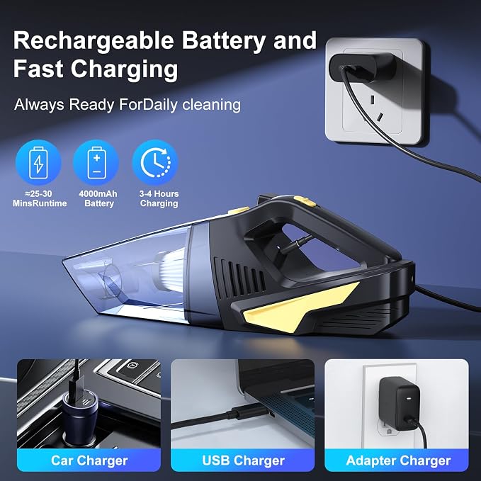 Rechargeable Cordless Handheld Vacuum Cleaner, Lightweight Portable Mini Hand Vac with 16000Pa Suction & LED Light for Car Interior,Home,Pet Hair, Hard-to-Reach Corners Cleaning