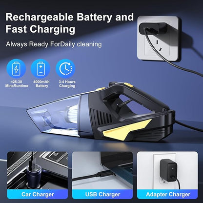 Rechargeable Cordless Handheld Vacuum Cleaner, Lightweight Portable Mini Hand Vac with 16000Pa Suction & LED Light for Car Interior,Home,Pet Hair, Hard-to-Reach Corners Cleaning