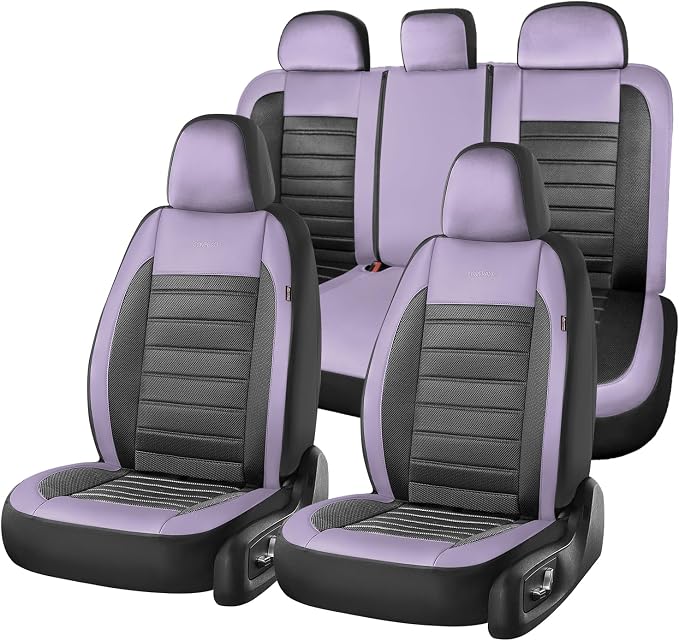 Coverado Car Seat Covers Full Set, Luxury Leather Car Seat Covers, Automotive Front and Rear Mesh Seat Covers, Full Set 5 Seats, Purple&Black Seat Covers for SUV Sedan Truck