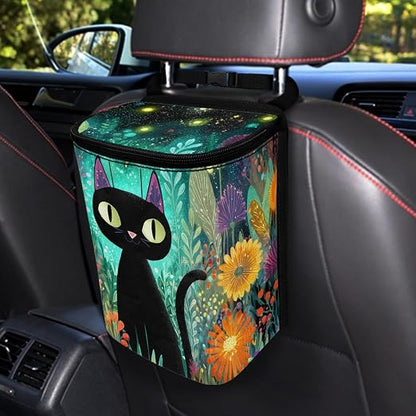 Talayituse Teal Cat Flower Print Car Trash Bin, Large Size Auto Trash Can Adjustable Portable Garbage Can with Lid, Vehicle Hanging Bag for Headrest Front Back Seat