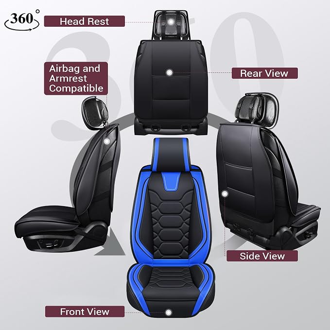 OASIS AUTO Car Seat Covers Front Seats, Sporty Honeycomb Waterproof Faux Leather Protectors, Universal Fit for SUV, Sedan, Truck Interior Accessories (OS-004 Black&Blue)