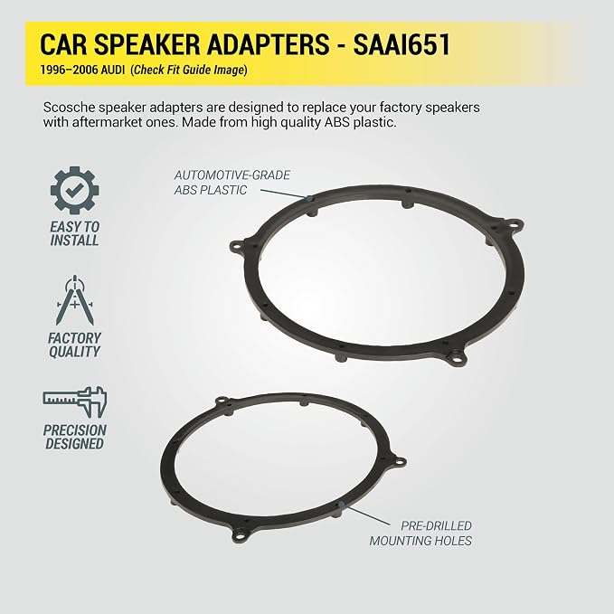 Scosche SAAI651 6.5-6.75” Speaker Adapters Compatible with Select 1996-2006 Audi Vehicles - Adapter Brackets for 6 1/2" to 6 3/4" Car Rear Speakers - Sold in Pairs - Does Not Fit 5.25", 6" or 6X9"