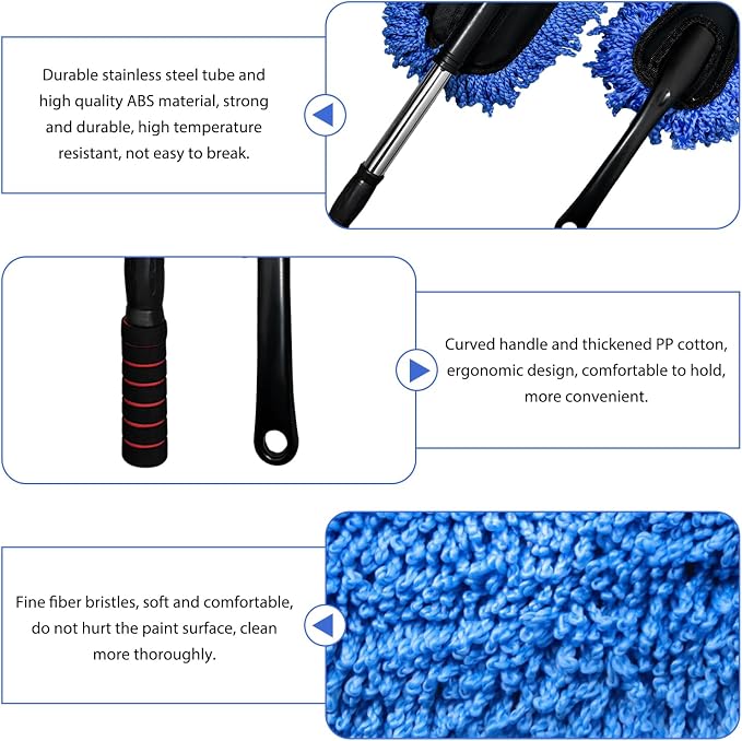 2 PCS Microfiber Car Dusters, Scratch Free Auto Exterior Dust Brust Set with Extendable Duster, Multipurpose Soft Brushes Dusting Supplies for Cars Trucks SUVs Motorcycles (Blue)