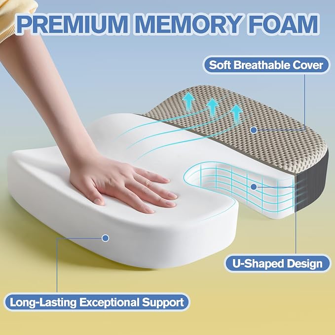 Mureon Office Chair Cushion - Large Memory Foam Ergonomic Chair Cushion for Back & Hip Pressure Relief - Non-Slip Seat Cushion for Car, Desk Chair & Tailbone Pain - Soft Support - Grey