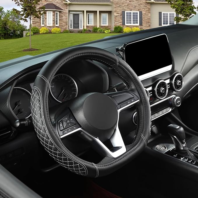 West Llama Flat Bottom Car Steering Wheel Cover for Nissan,D Shaped Steering Wheel Cover for Rogue,Altima,Kicks (Diamond Quilted-Black+Gray-Standard Size)