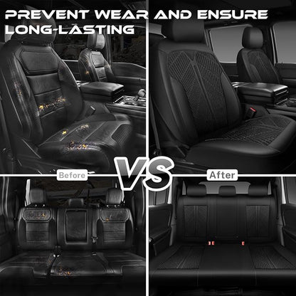 CAR PASS Leather Oxford Car Seat Covers Full Set, All-Weather Non-Slip Durable, Universal Fit for SUVs Sedans Trucks Vans Automotive, Armrest Airbag Compatible, 3D Emboss 5 Black