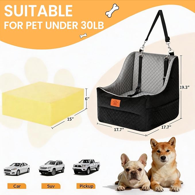Dog Booster Car Seat for Small to Medium Dogs Up to 35 lbs, Elevated Pet Car Seat with 2 Safety Belts, Detachable Washable Cover, Non-Slip Stable Base, Front/Back Seat Travel Booster