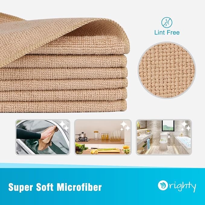 Orighty Microfiber Cleaning Cloth, 12 Pack Microfiber Towels for Cars, Highly Absorbent Car Cleaning Supplies, Lint Free Cloths Clean Rags for Car Care, House, Kitchen, 12x11 inch, Brown