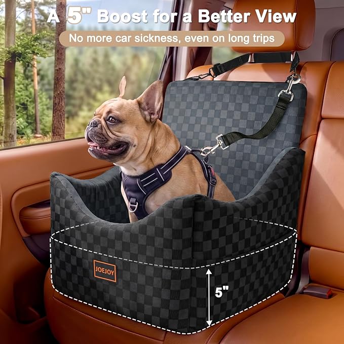 JOEJOY Elevated Dog Car Seat for Small/Medium Dogs up to 35 lbs, Memory Foam Booster Seat with Detachable Washable Cover, Travel-Safe Car Bed with Safety Belts & Storage Pockets, Dark Grey