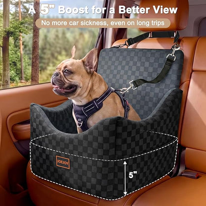JOEJOY Elevated Dog Car Seat for Small/Medium Dogs up to 35 lbs, Memory Foam Booster Seat with Detachable Washable Cover, Travel-Safe Car Bed with Safety Belts & Storage Pockets, Dark Grey
