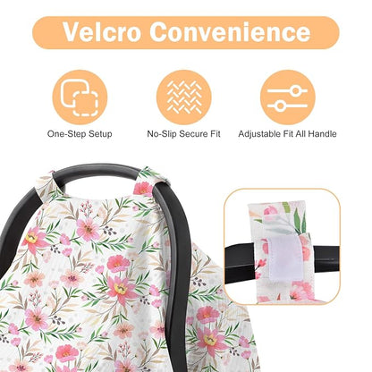 Baby Car Seat Cover - 100% Muslin Cotton Universal Breathable Canopies for Boys and Girls Soft Spring Summer Car Seat Cover Lightweight Infant Car Seat Canopy - Pink Floral