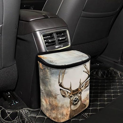 Talayituse Deer Forest Print Car Trash Bin, Large Size Auto Trash Can Adjustable Portable Garbage Can with Lid, Vehicle Hanging Bag for Headrest Front Back Seat