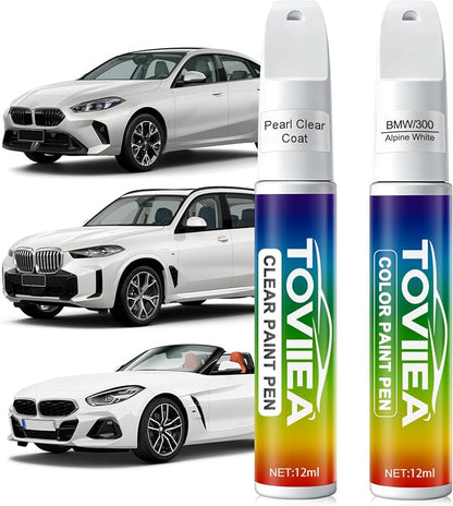 Alpine White(300) Touch Up Paint Compatible with BMW,2-In-1 Car Scratch Remover Pen,Car Paint Scratch Repair Kit for Scratches,Chips & Nicks,2-PCS SET