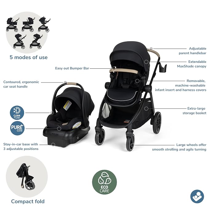 Maxi-Cosi Zelia Pro 5-in-1 Travel System with Mico Pro Infant Car Seat and Baby Stroller Combo, Reversible Seat, Large Wheels, Adjustable Handle, Newborn to Toddler, Lightweight, Caspian Caviar
