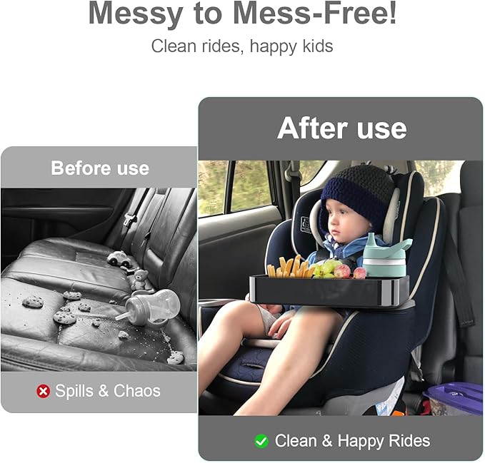 Car Seat Snack Tray for Toddlers - 3 Inch Cup Holder Fits Most Sippy Cups & Straw Bottles with Dip Well, Mess-Free Square Kids Travel Tray Road Trip Essentials, Black