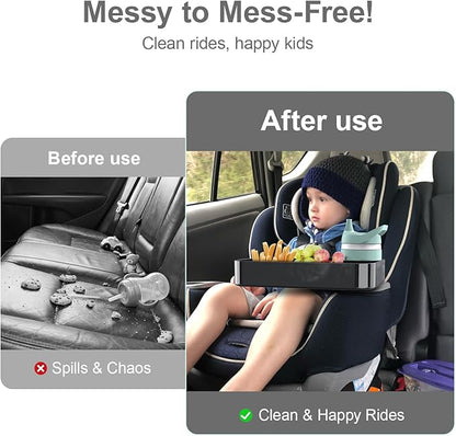 Car Seat Snack Tray for Toddlers - 3 Inch Cup Holder Fits Most Sippy Cups & Straw Bottles with Dip Well, Mess-Free Square Kids Travel Tray Road Trip Essentials, Black