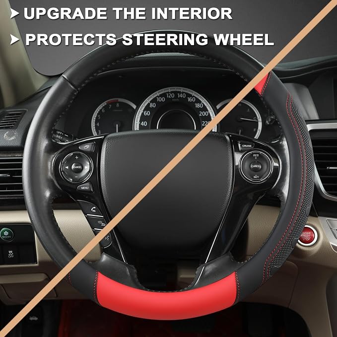 GIANT PANDA Microfiber Leather Steering Wheel Cover for Honda Accord,Civic,CR-V,HR-V,Pilot(Black+Red-Standard Size)